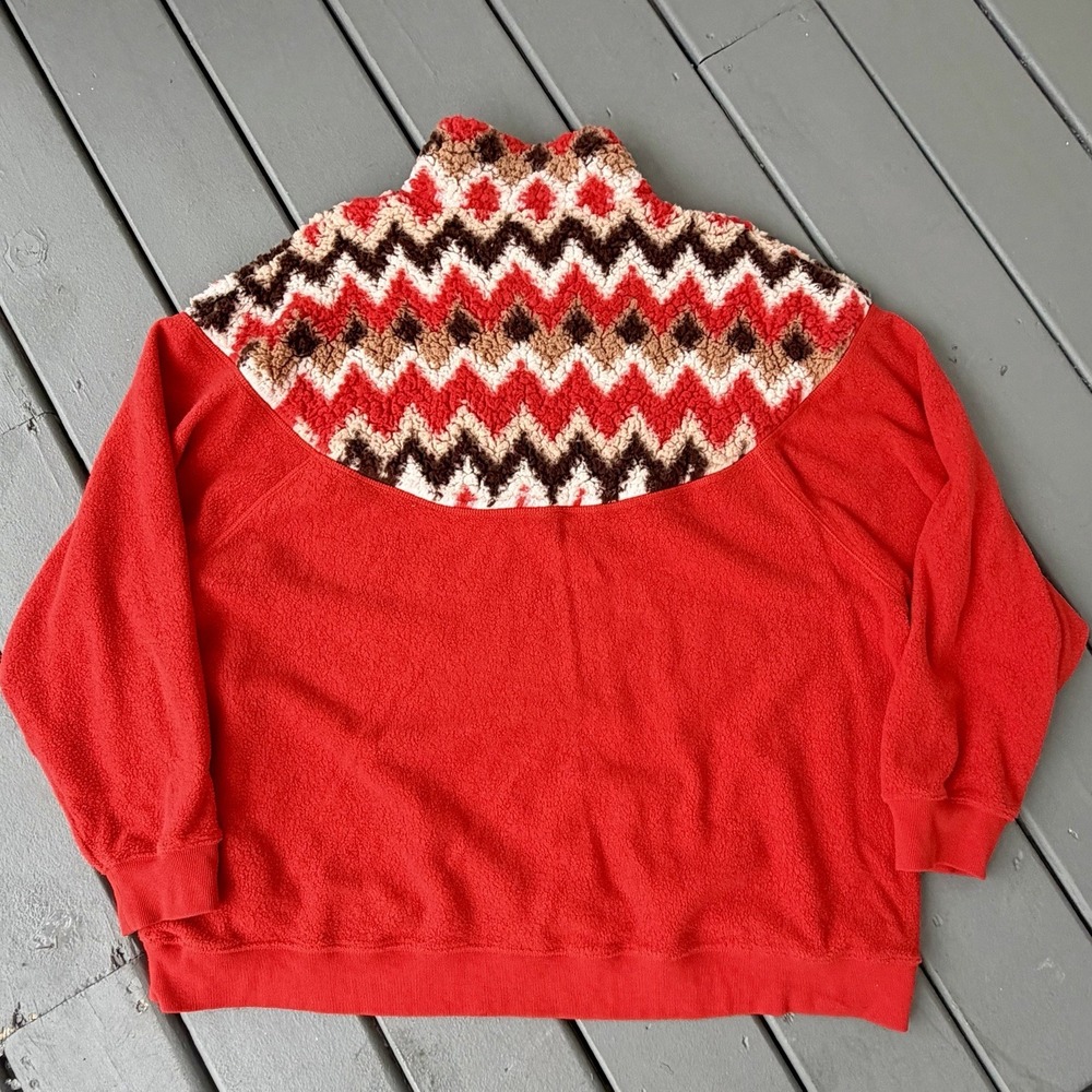 Aerie Hometown Holiday Quarter Zip Sweatshirt Red Sherpa Tribal Sz XL‎ - Picture 7 of 8